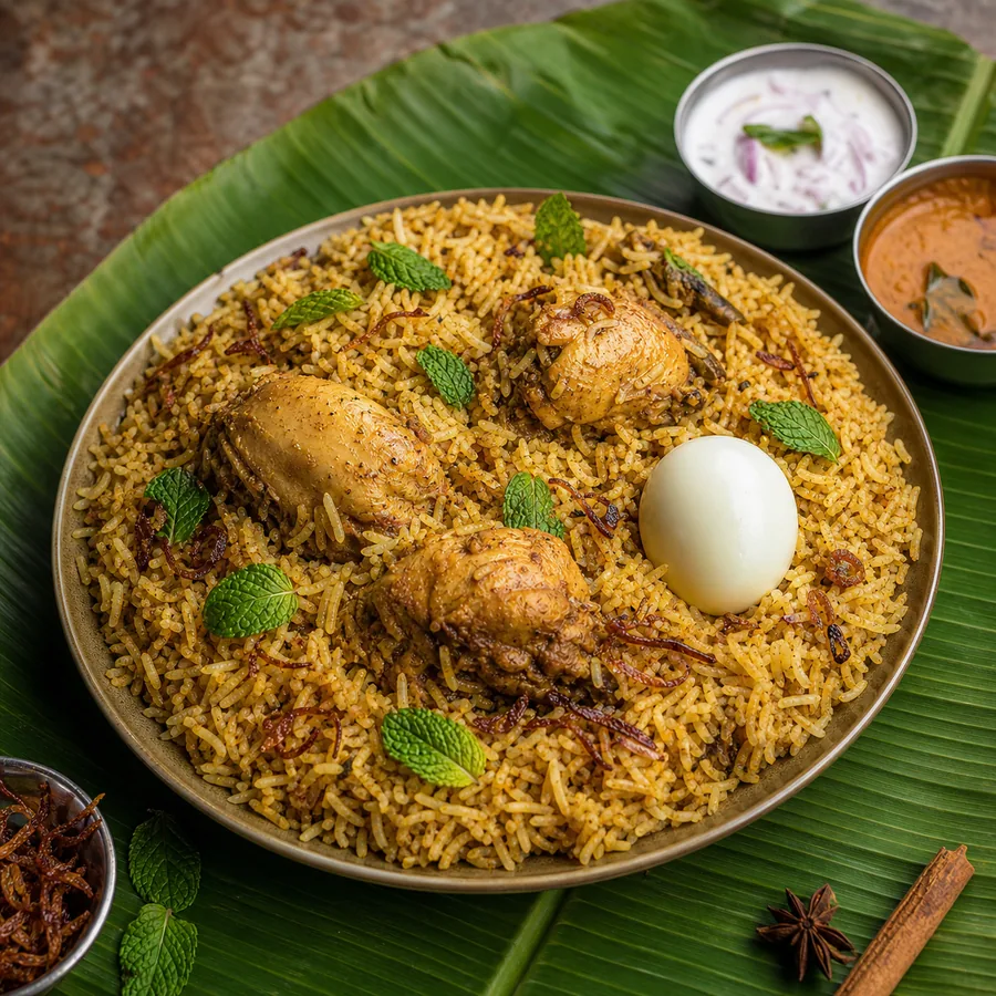 Chicken Biryani with chicken pieces, boiled egg, raita and salna at DK's Mappillai Mess