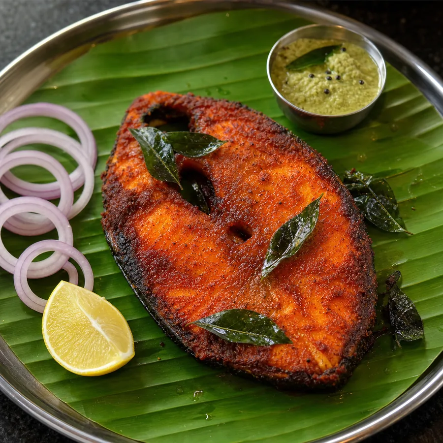Fish Vanjaram Fry with red masala, curry leaves, lemon and onion rings