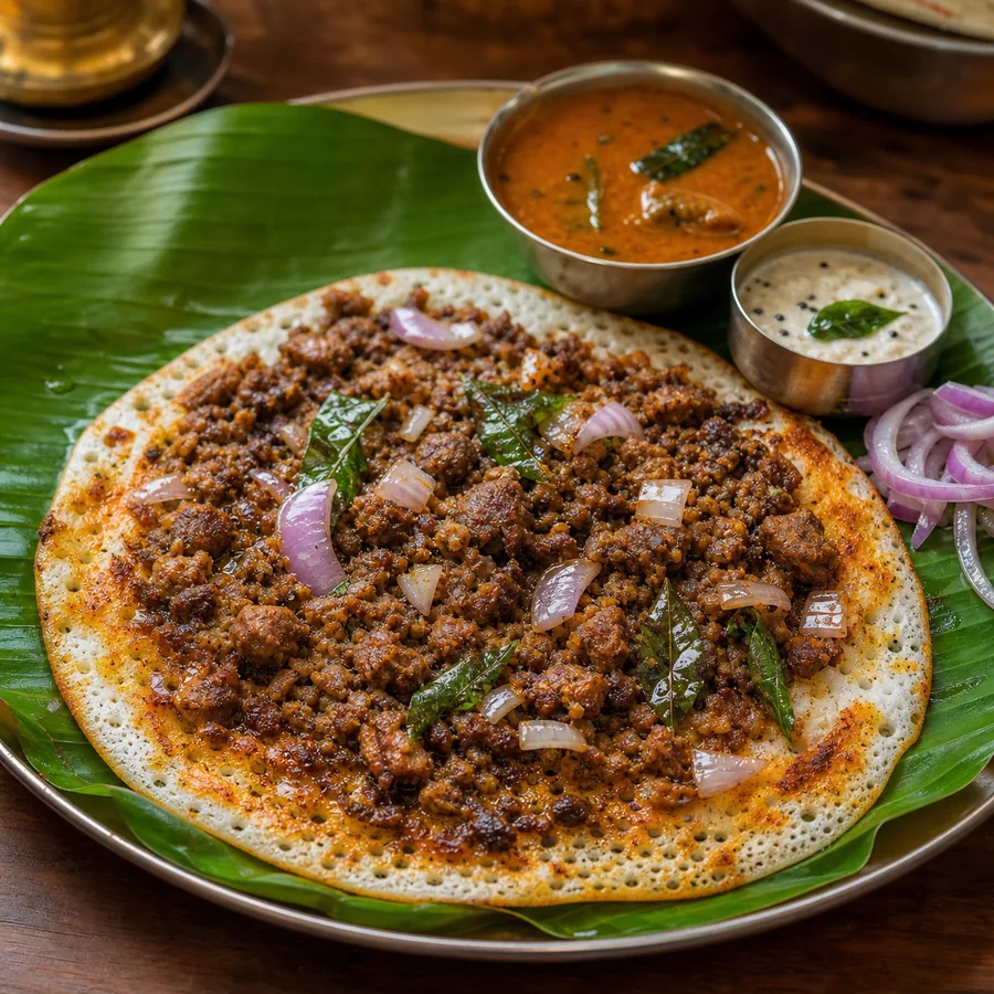Mutton Kari Dosa topped with spicy mutton kari, onions and curry leaves