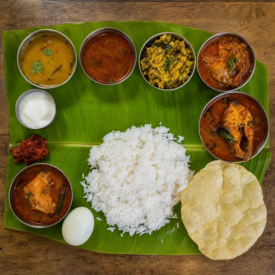 Non-Veg Chettinad Meals on banana leaf with rice, chicken gravy, fish curry and appalam
